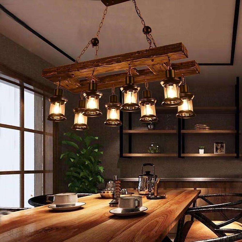 8-light Vintage Wood Glass Lantern LED Farmhouse Chandeliers Hanging Lamp-Lighom