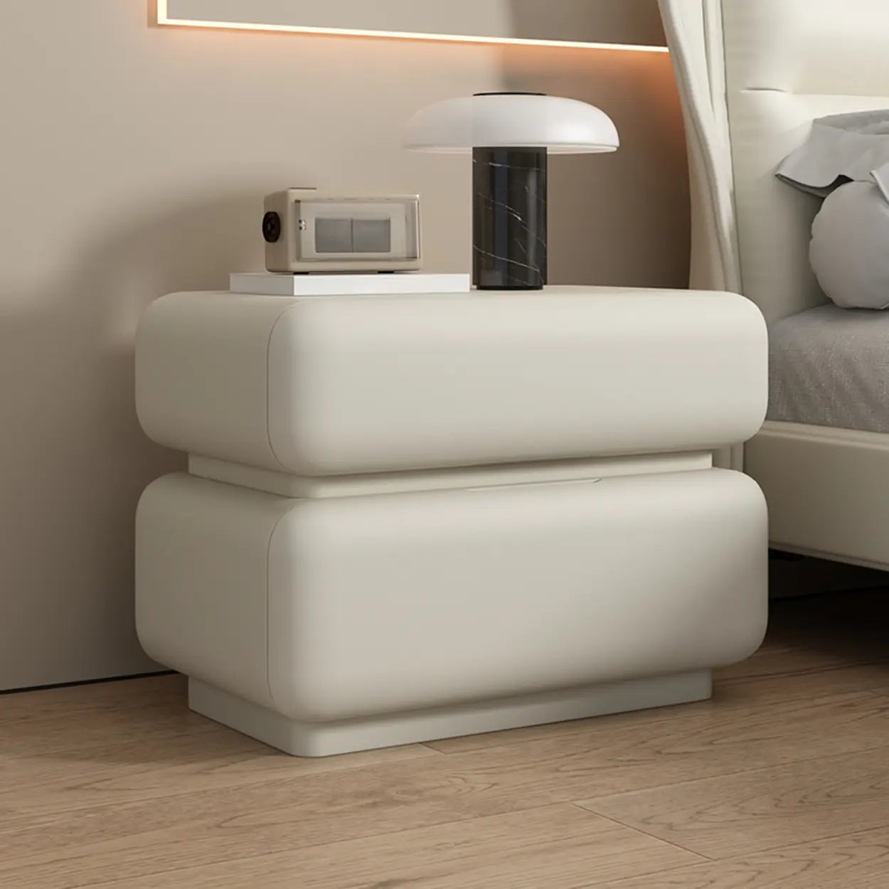 Off-White 2-Drawer Pine Wood Leather Nightstand — Off-White