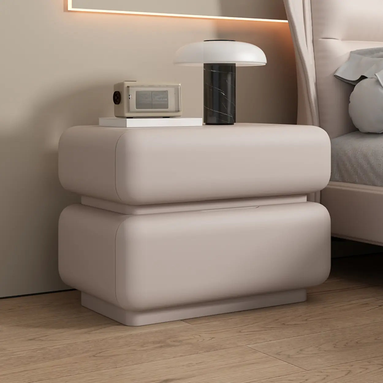 Off-White 2-Drawer Pine Wood Leather Nightstand — Khaki