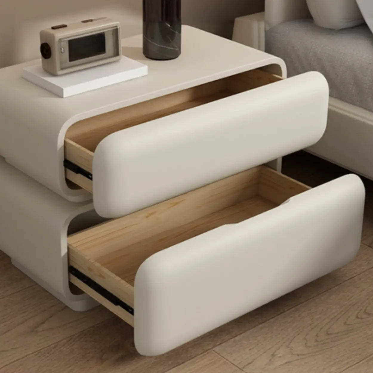 Off-White 2-Drawer Pine Wood Leather Nightstand — Black
