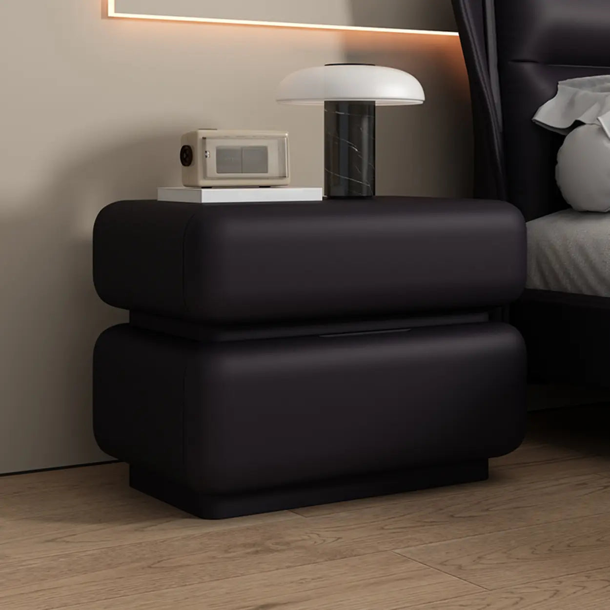 Off-White 2-Drawer Pine Wood Leather Nightstand — Off-White