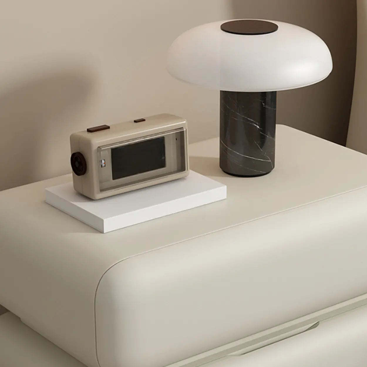 Off-White 2-Drawer Pine Wood Leather Nightstand — Khaki