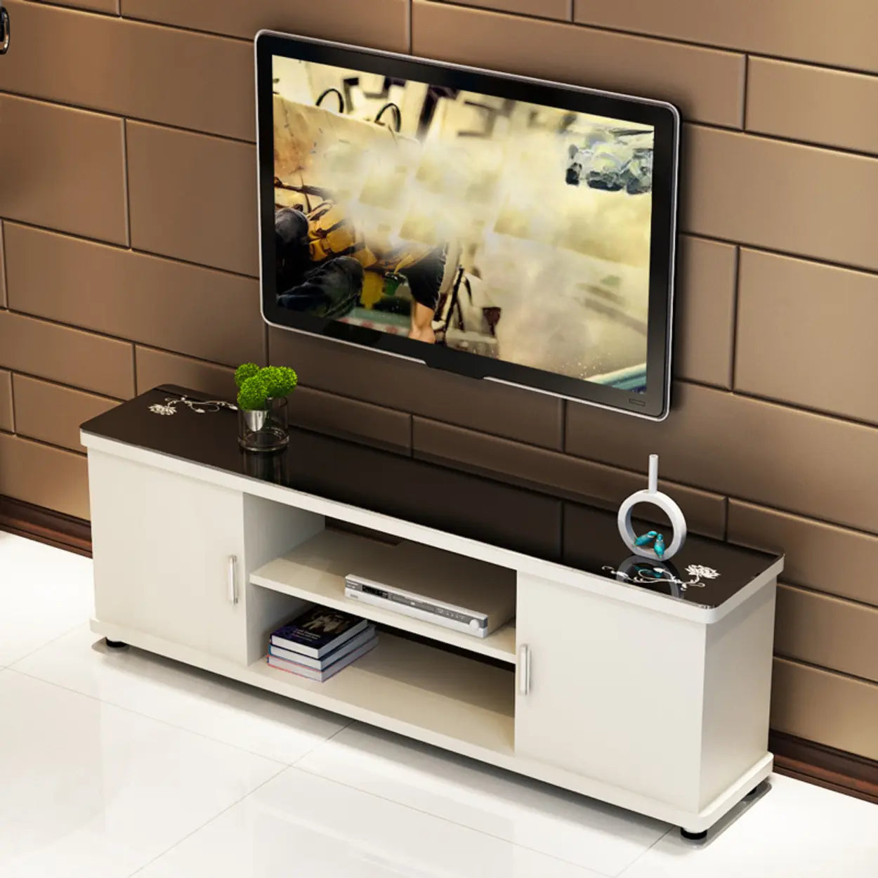 Off-White Artificial Wood Open Storage TV Stand