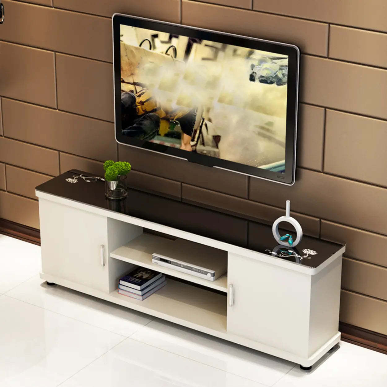 Off-White Artificial Wood Open Storage TV Stand — Black and White