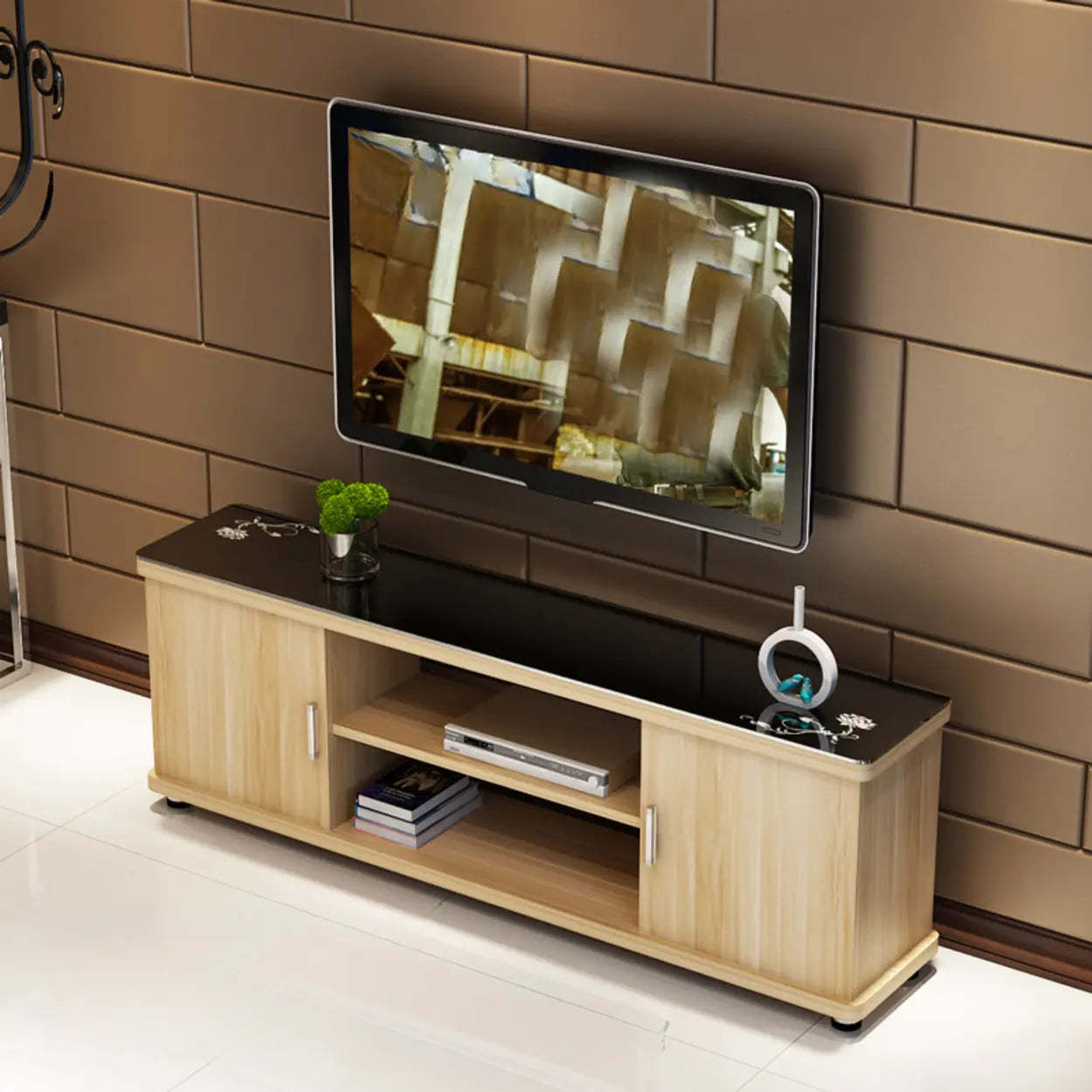 Off-White Artificial Wood Open Storage TV Stand — Black and White