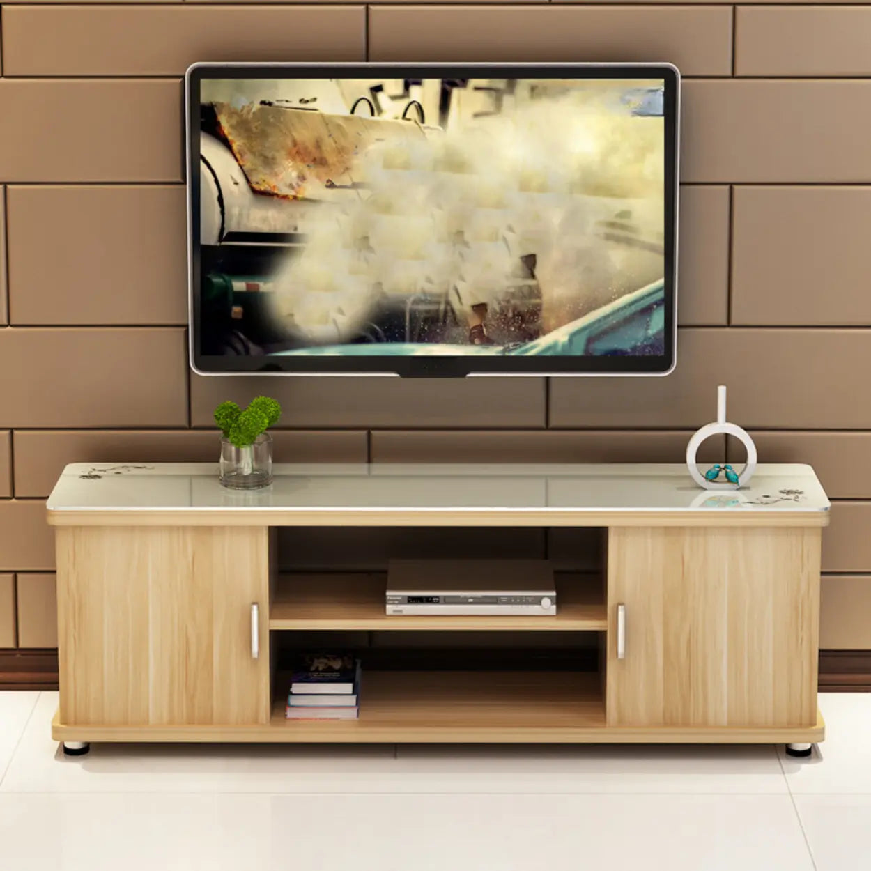 Off-White Artificial Wood Open Storage TV Stand — Light Walnut
