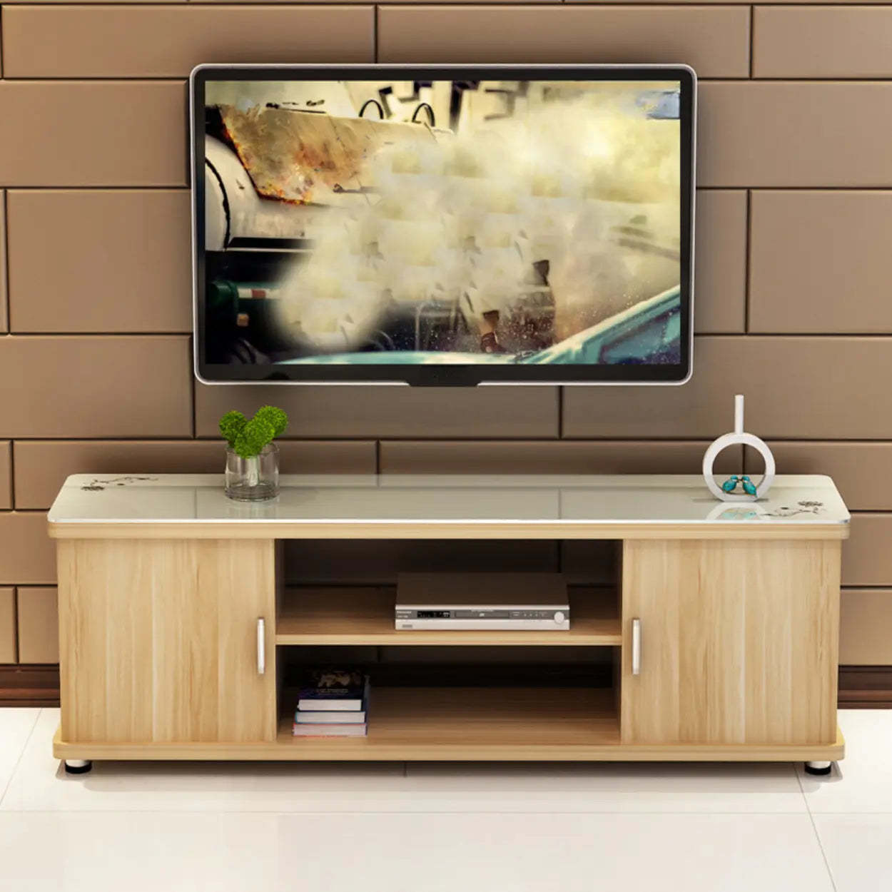 Off-White Artificial Wood Open Storage TV Stand — Light Walnut