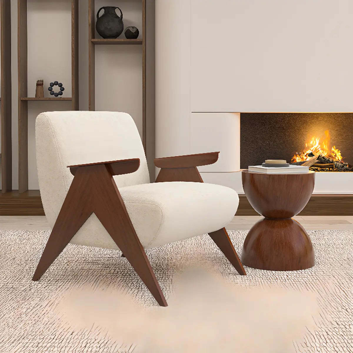 Off-White Chenille Wood Frame Accent Chair — Cyan / Chenille