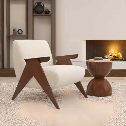 Off-White Chenille Wood Frame Accent Chair — Cyan / Chenille
