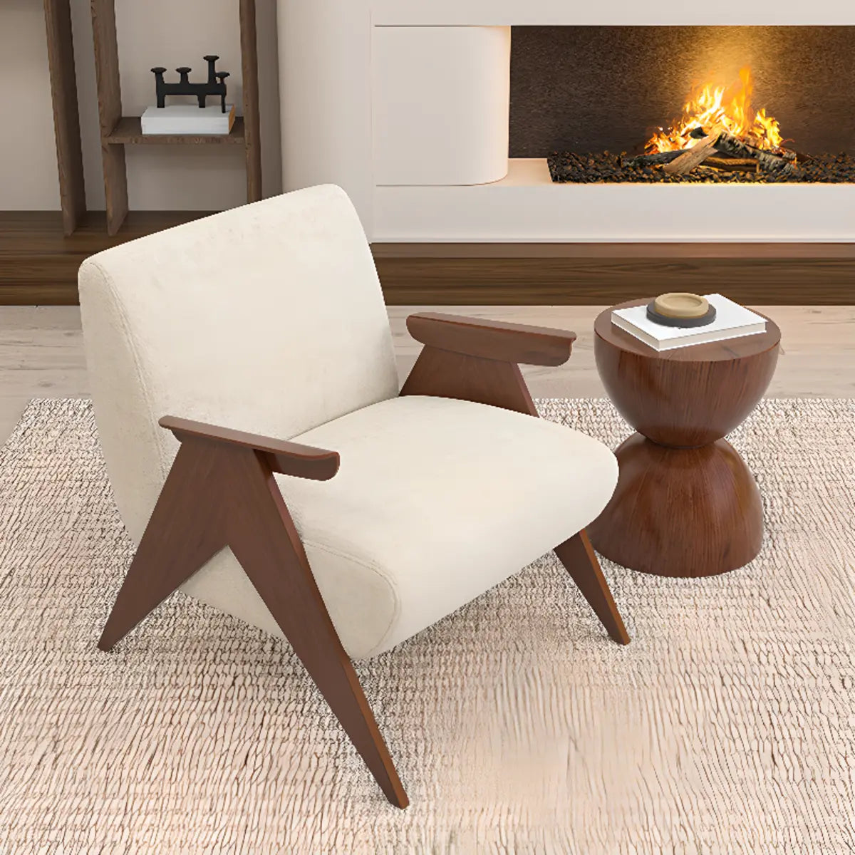 Off-White Chenille Wood Frame Accent Chair — Off-White / Chenille