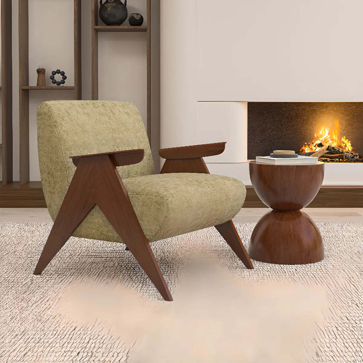 Off-White Chenille Wood Frame Accent Chair — Yellow / Chenille