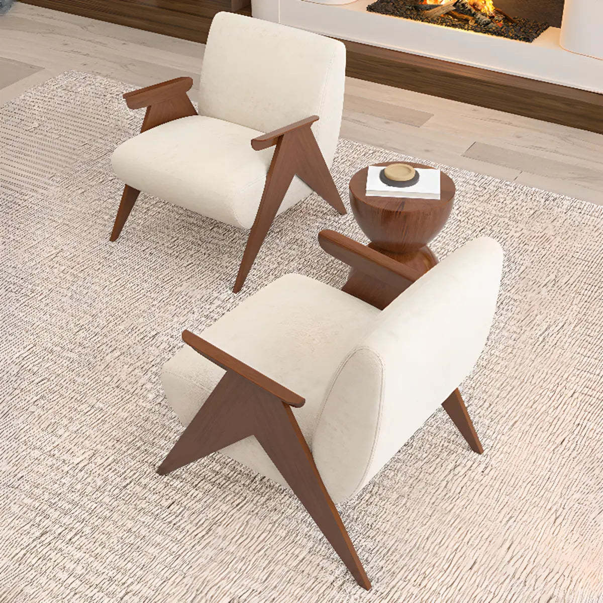 Off-White Chenille Wood Frame Accent Chair