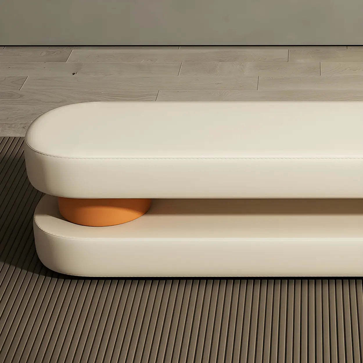 Off-White Faux Leather Bedroom Bench — Orange