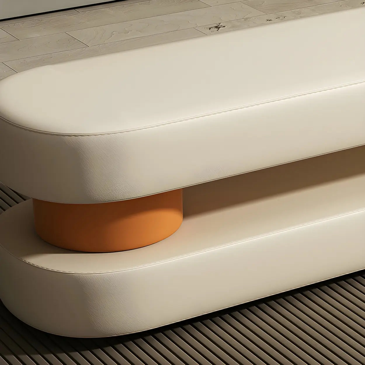 Off-White Faux Leather Bedroom Bench — Light Gray