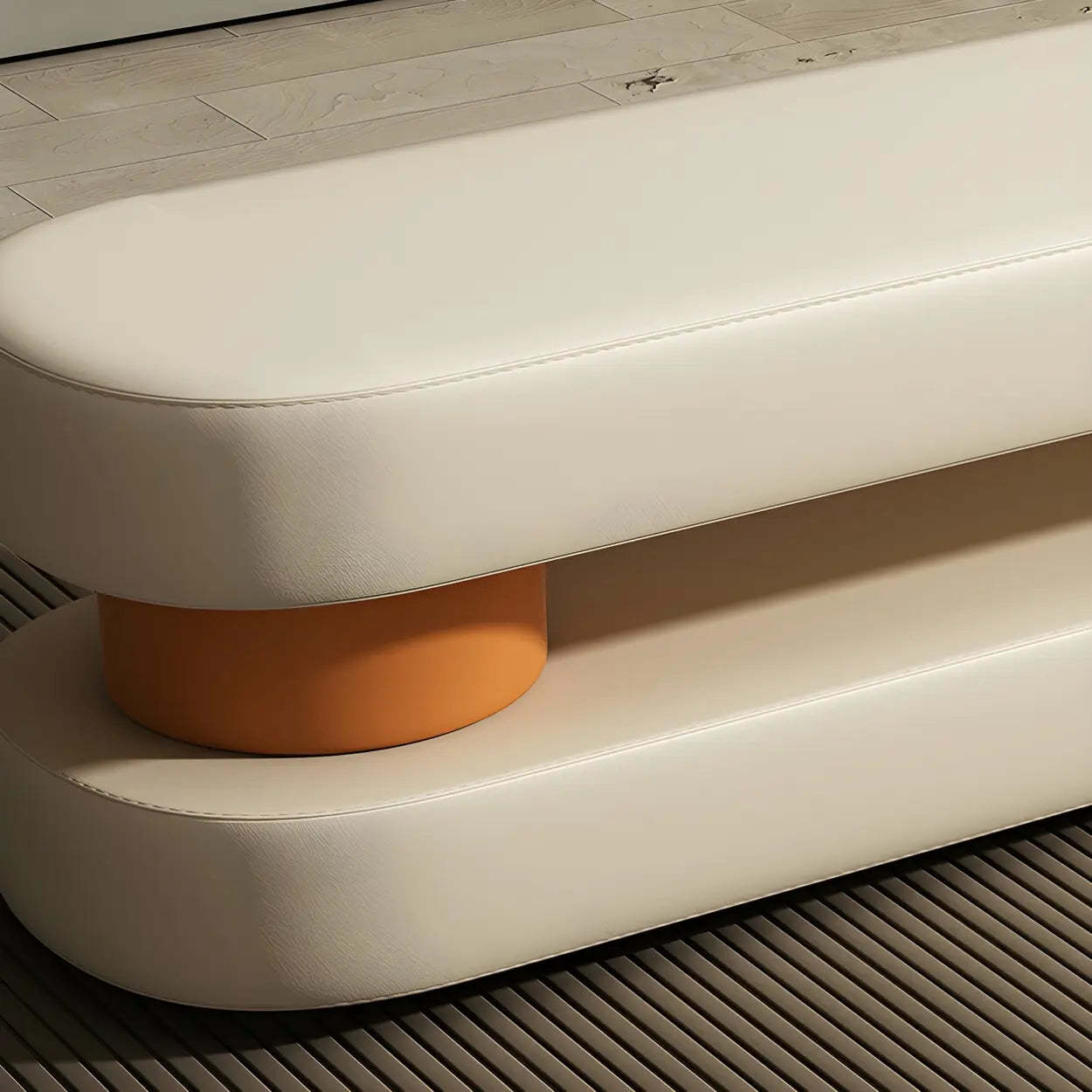 Off-White Faux Leather Bedroom Bench — Light Gray