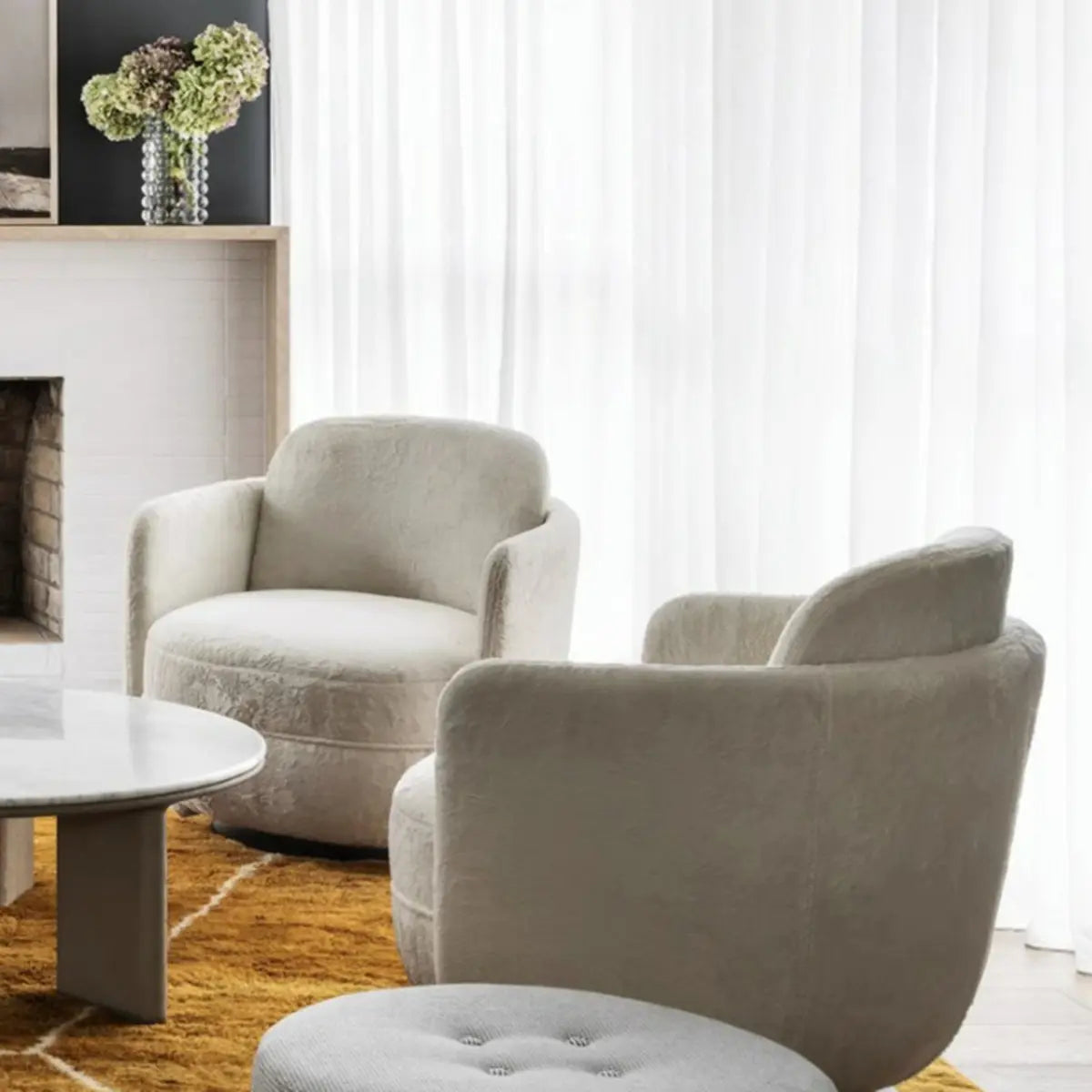 Off-White Flannel Swivel Barrel Chair — Linen
