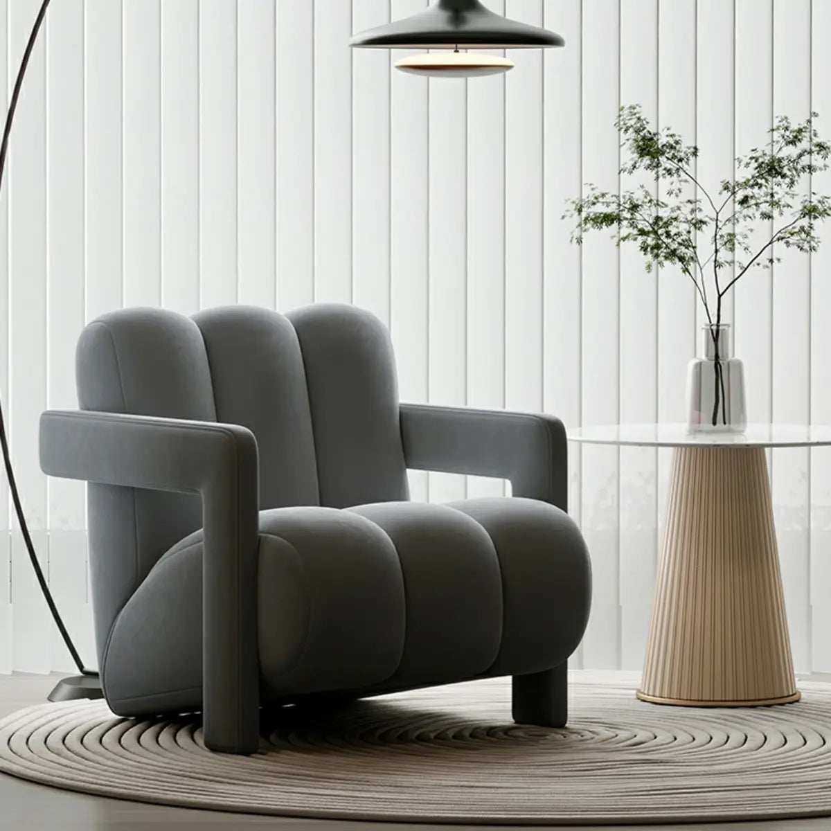 Off-White Frosted Velvet Mid-Back Arm Chair — Grey / Frosted Velvet