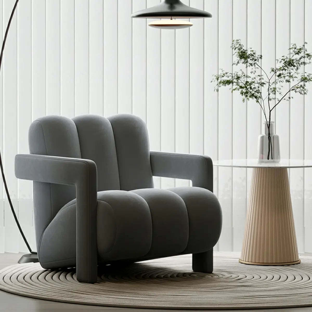 Off-White Frosted Velvet Mid-Back Arm Chair — Grey / Frosted Velvet