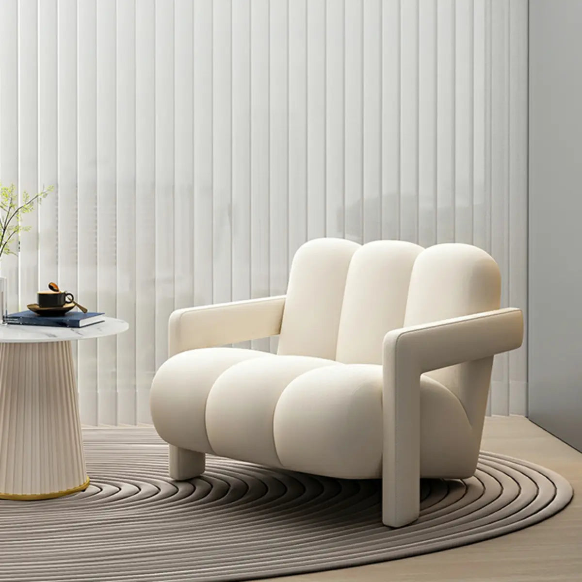 Off-White Frosted Velvet Mid-Back Arm Chair — Off-White / Frosted Velvet