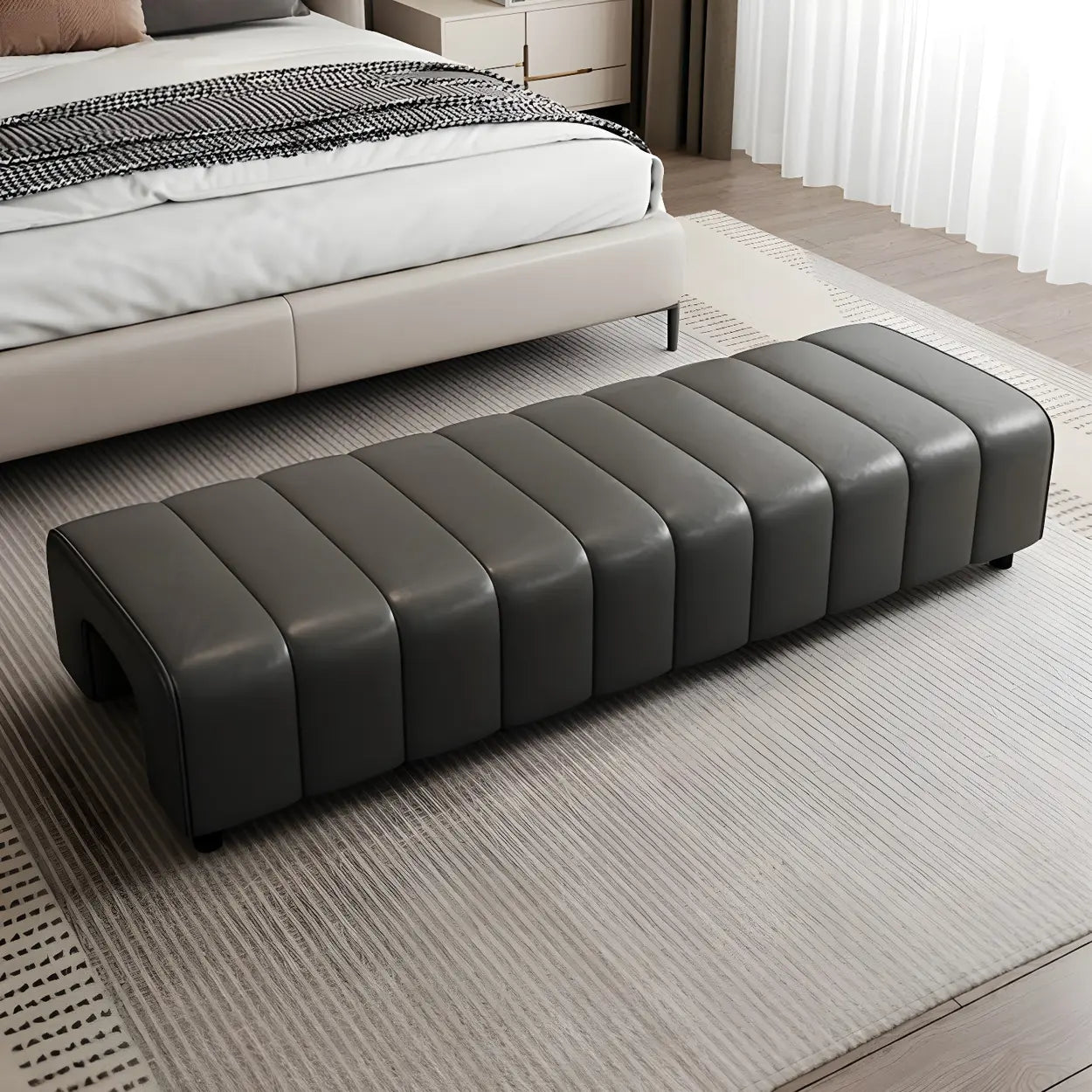 Off-White Genuine Leather Bedroom Bench — Orange