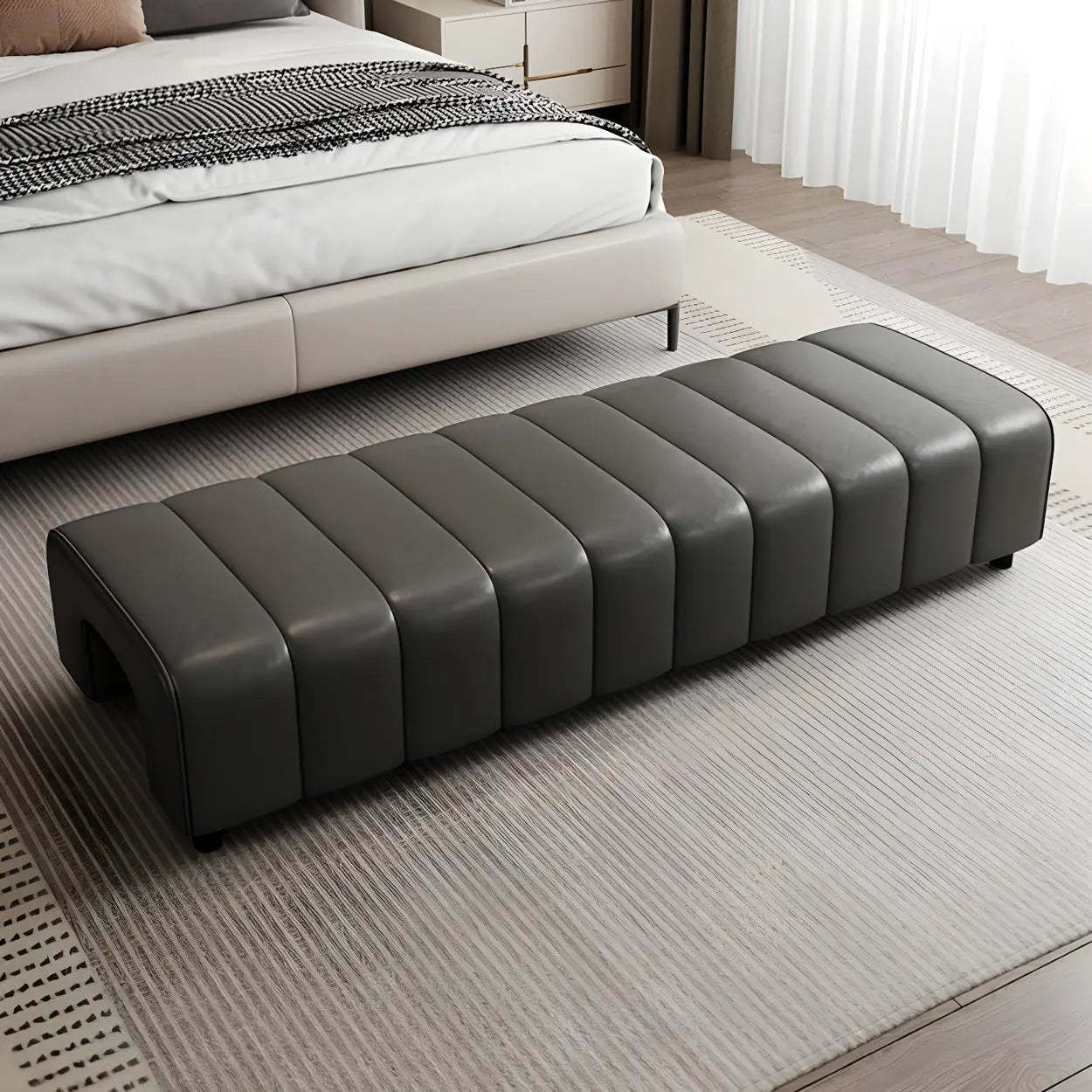 Off-White Genuine Leather Bedroom Bench — Orange