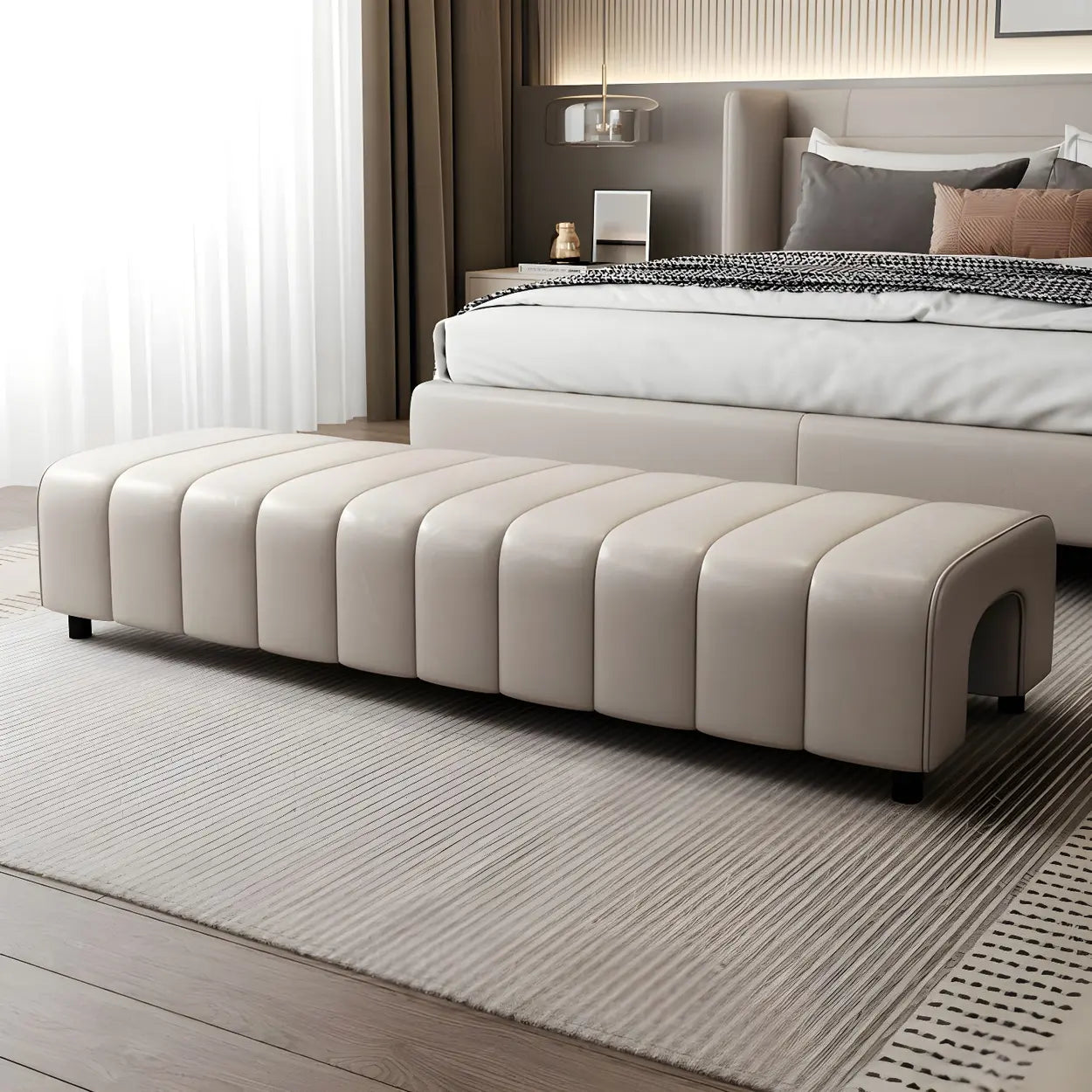 Off-White Genuine Leather Bedroom Bench — Blue