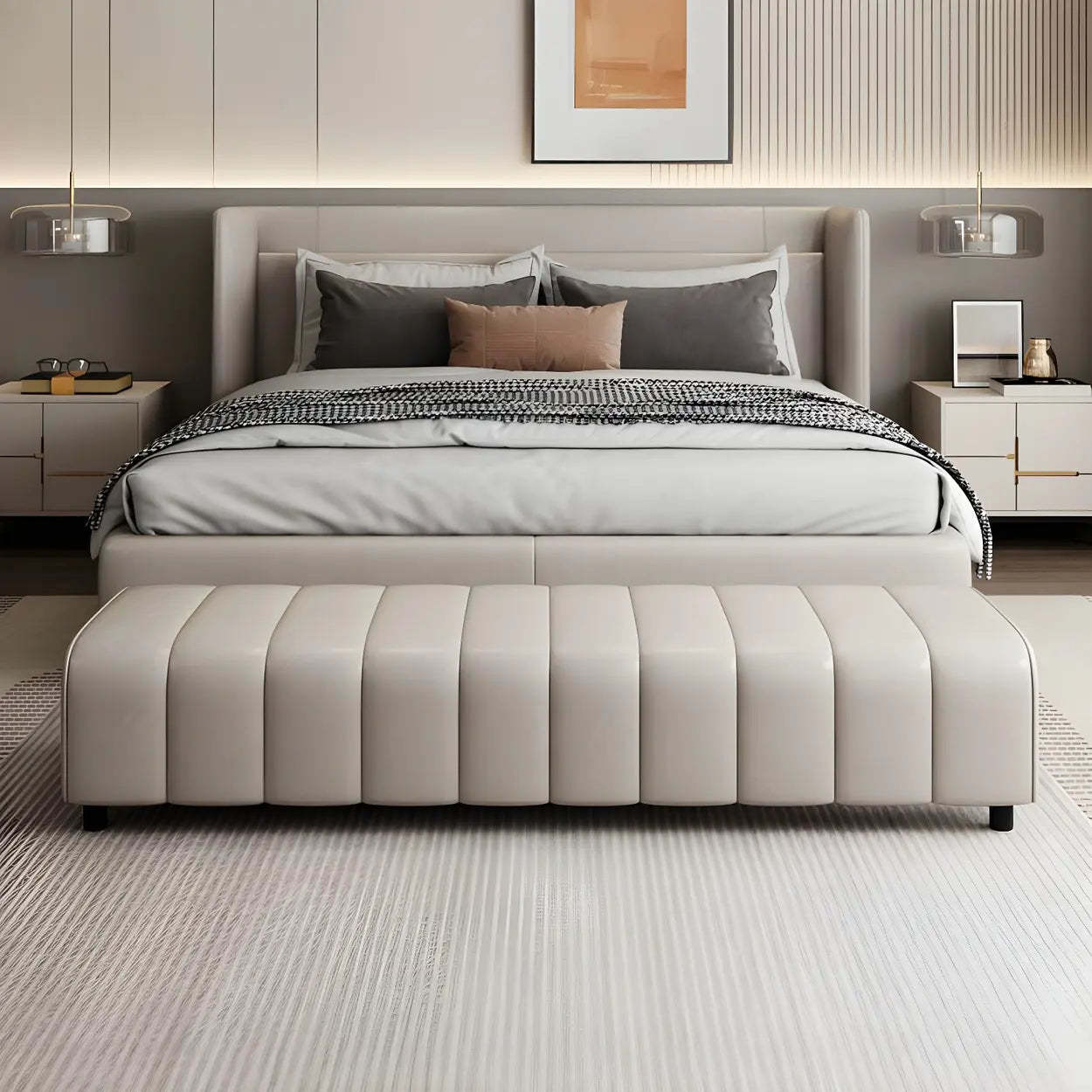 Off-White Genuine Leather Bedroom Bench — Black