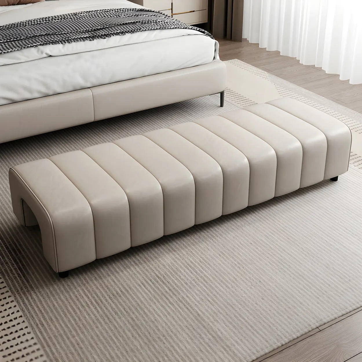 Off-White Genuine Leather Bedroom Bench — Off-White