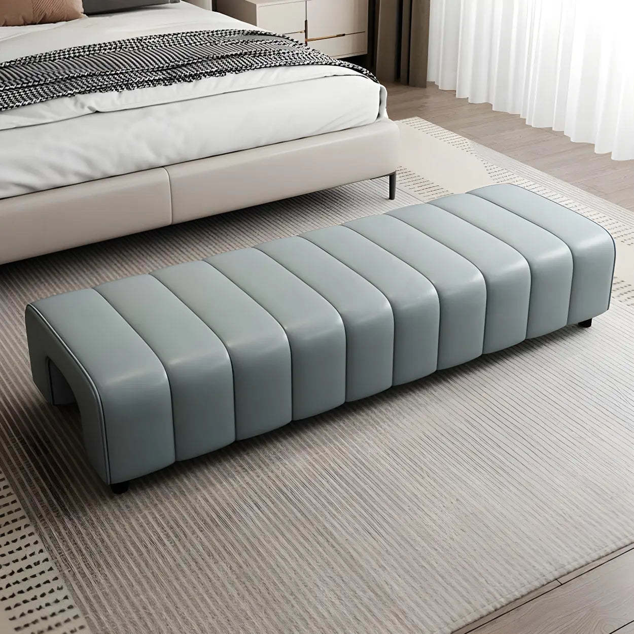 Off-White Genuine Leather Bedroom Bench — Brown