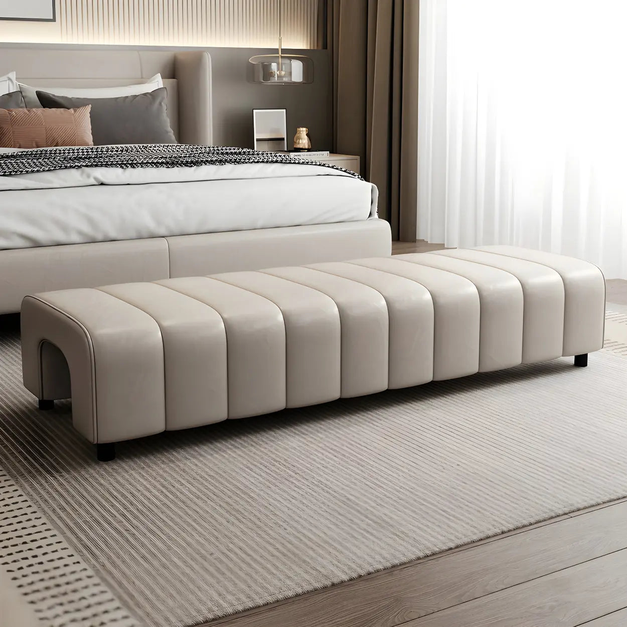 Off-White Genuine Leather Bedroom Bench — Blue