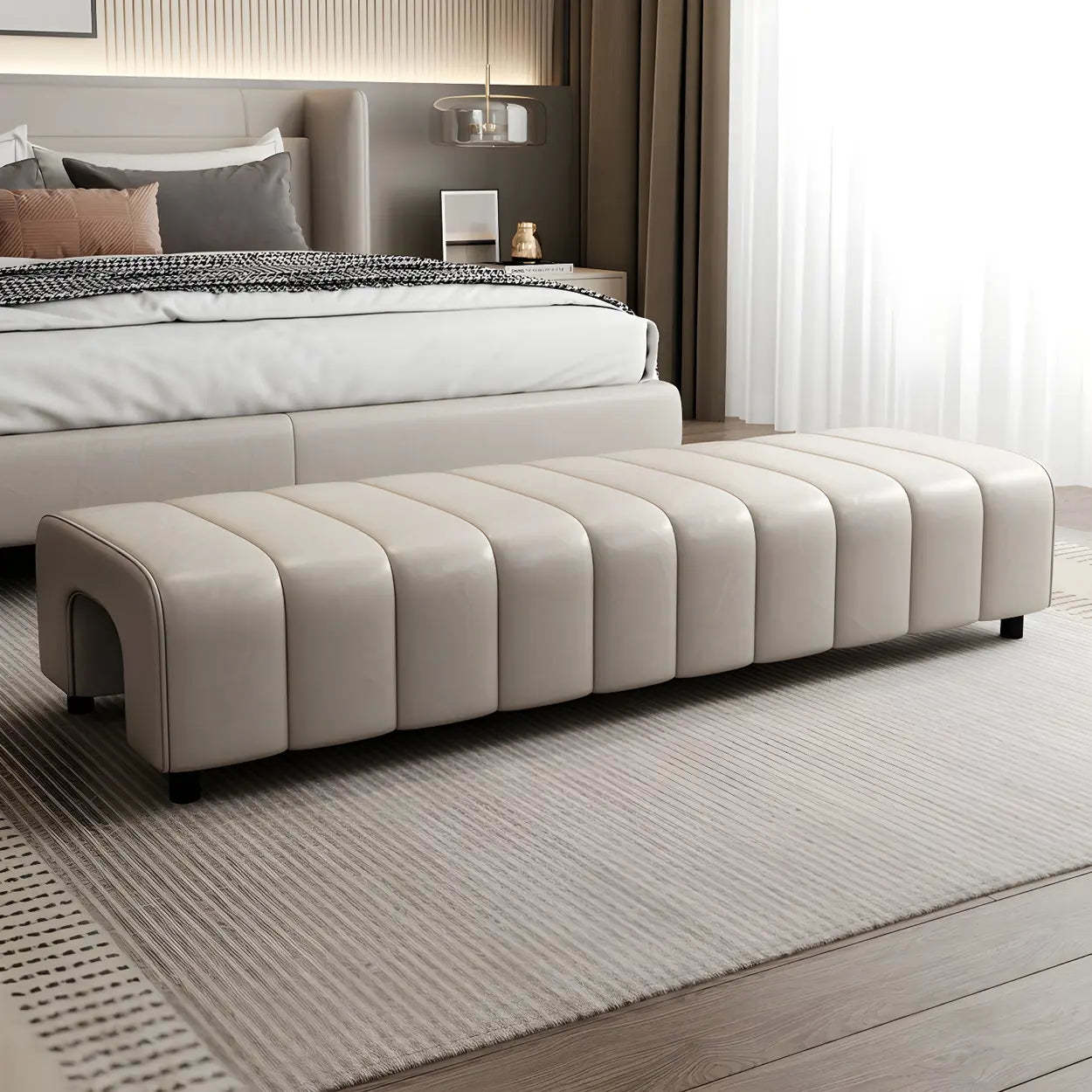 Off-White Genuine Leather Bedroom Bench — Blue