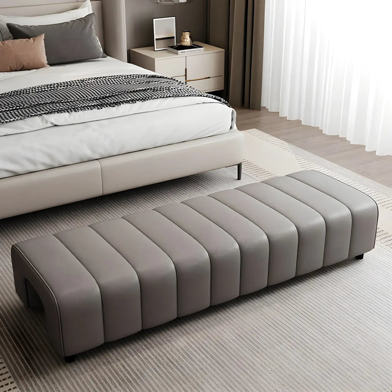 Off-White Genuine Leather Bedroom Bench — Orange