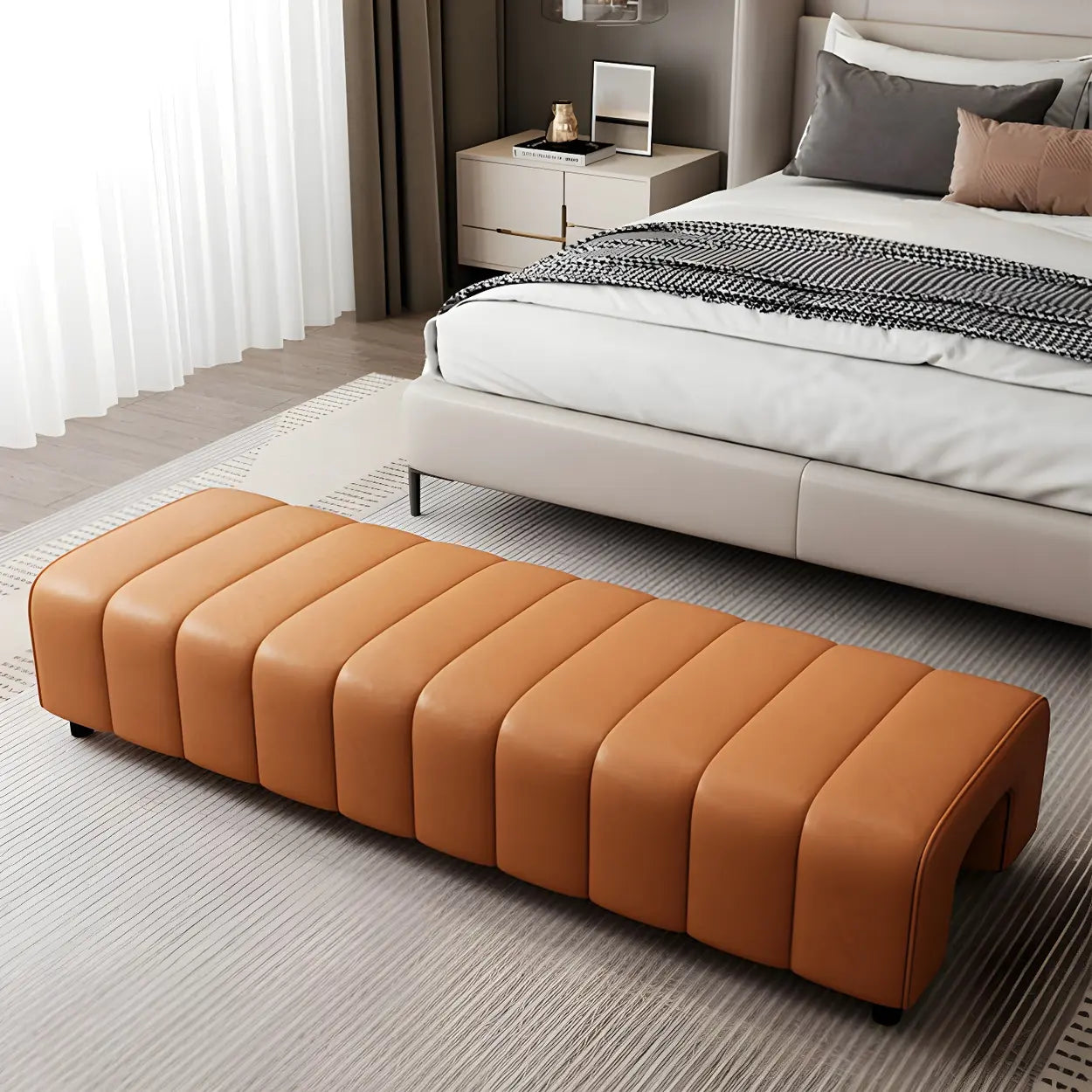 Off-White Genuine Leather Bedroom Bench — Grey