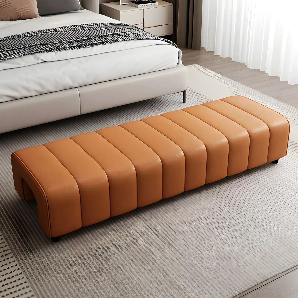 Off-White Genuine Leather Bedroom Bench — Black