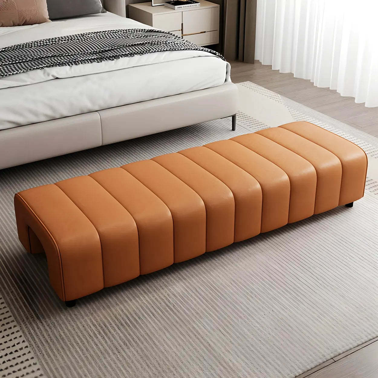 Off-White Genuine Leather Bedroom Bench — Black