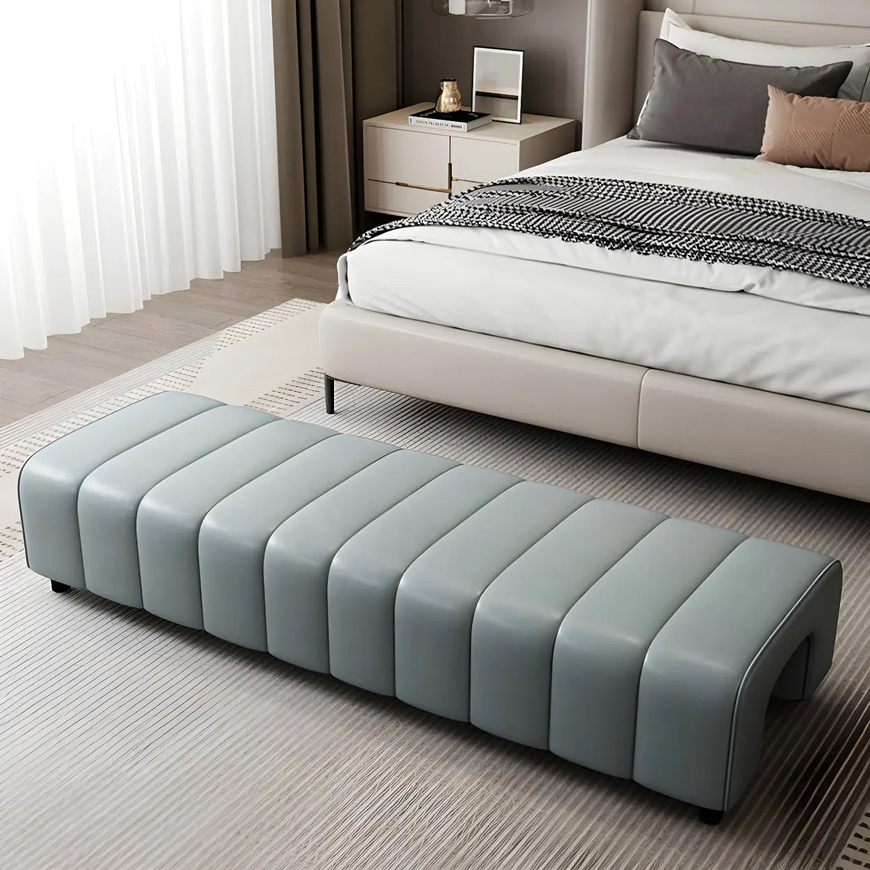 Off-White Genuine Leather Bedroom Bench — Off-White