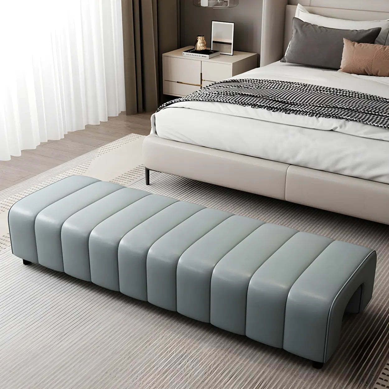 Off-White Genuine Leather Bedroom Bench — Off-White