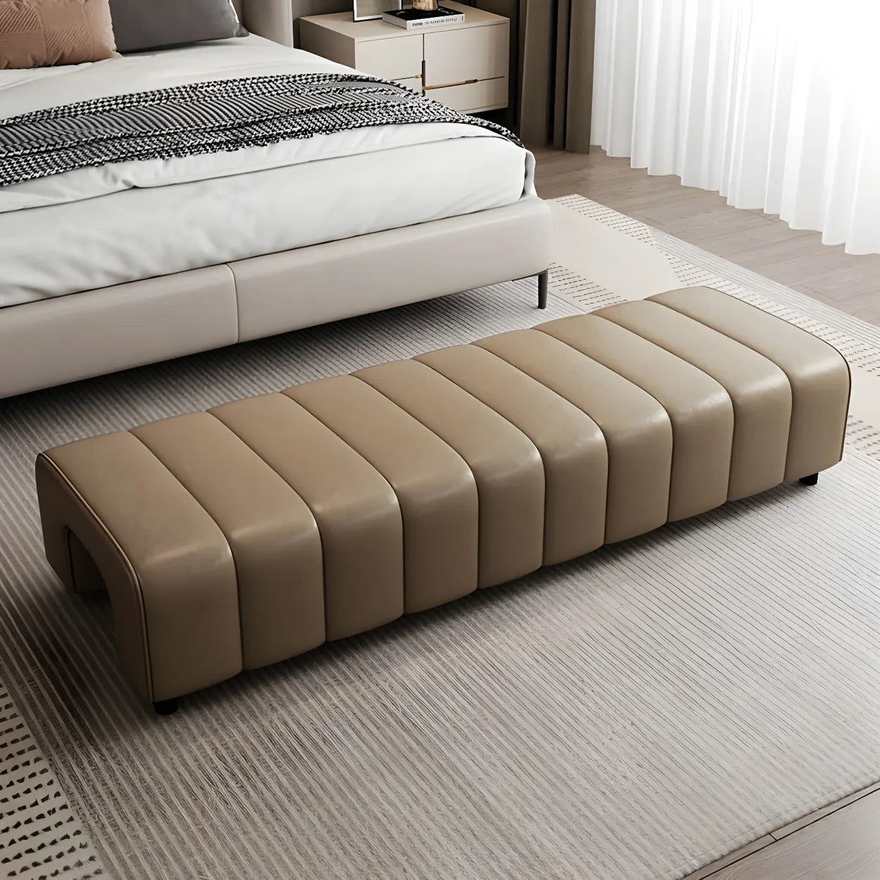 Off-White Genuine Leather Bedroom Bench — Brown