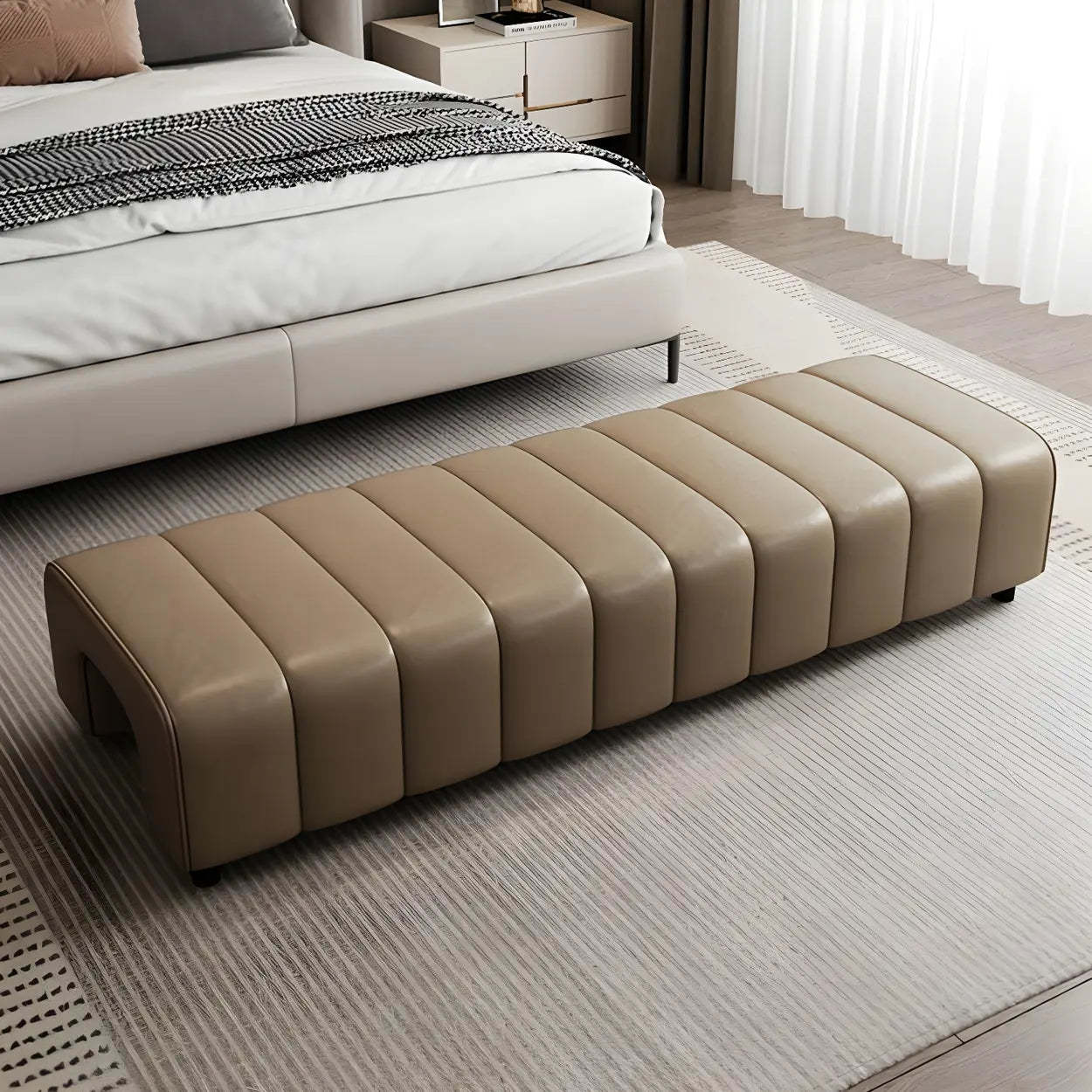 Off-White Genuine Leather Bedroom Bench — Brown