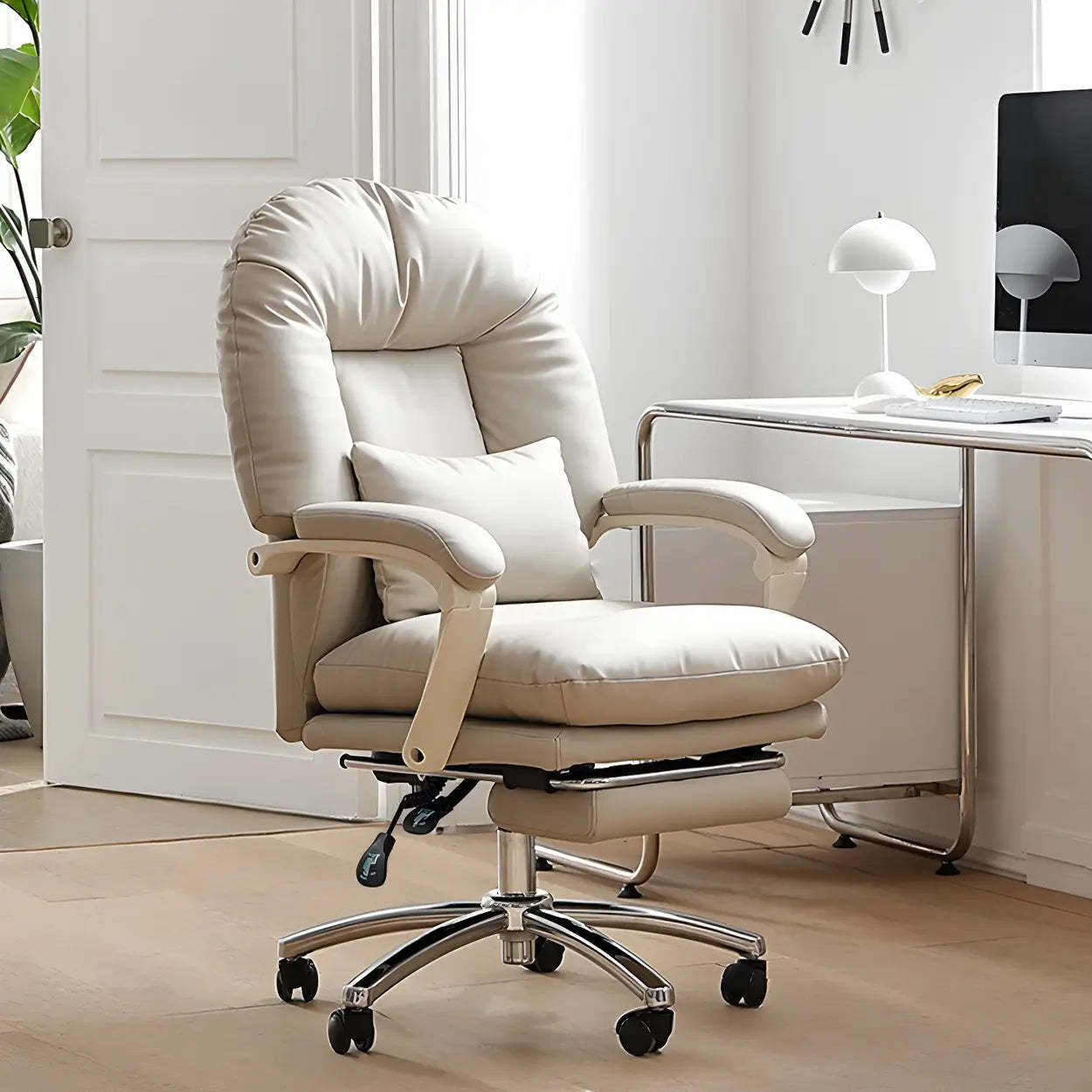 Off-White Leather Reclining Executive Office Chair — Fixed Arms / Silver / Genuine Leather
