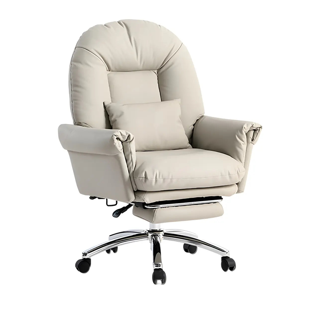 Off-White Leather Reclining Executive Office Chair — Fixed Arms / Silver / Microfiber Leather