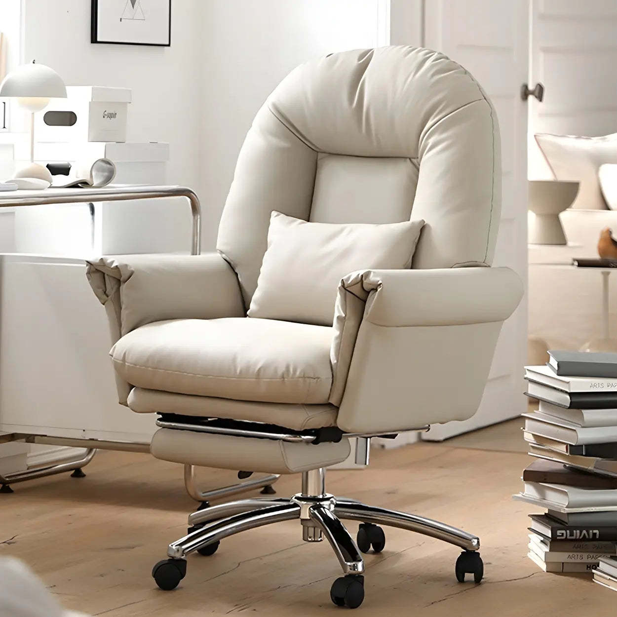 Off-White Leather Reclining Executive Office Chair — Linkage Arms / Silver / Microfiber Leather