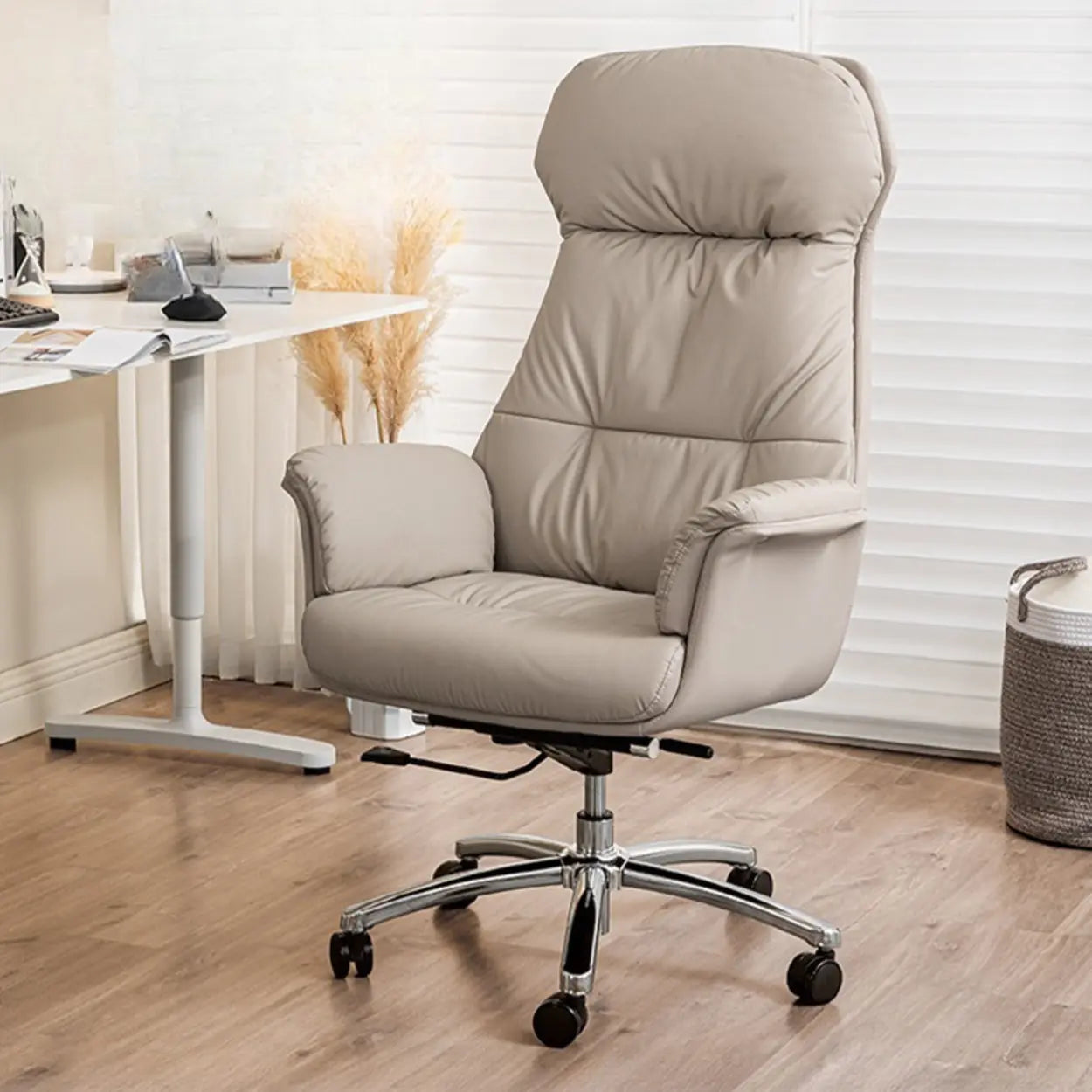 Off-White High-Back Leather Swivel Office Chair