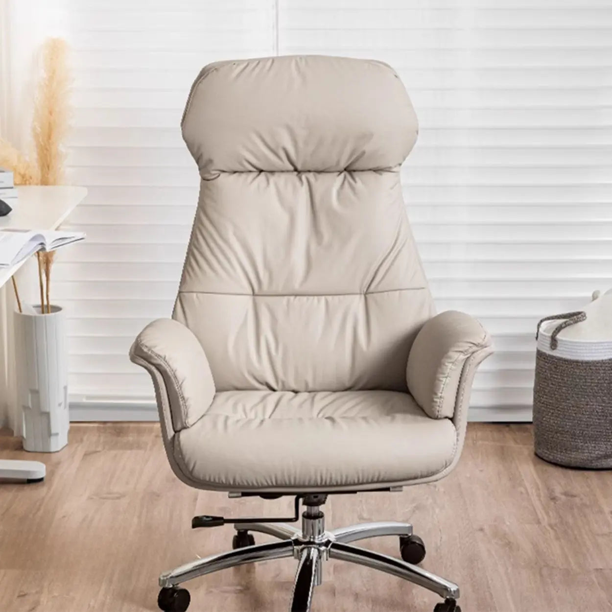 Off-White High-Back Leather Swivel Office Chair