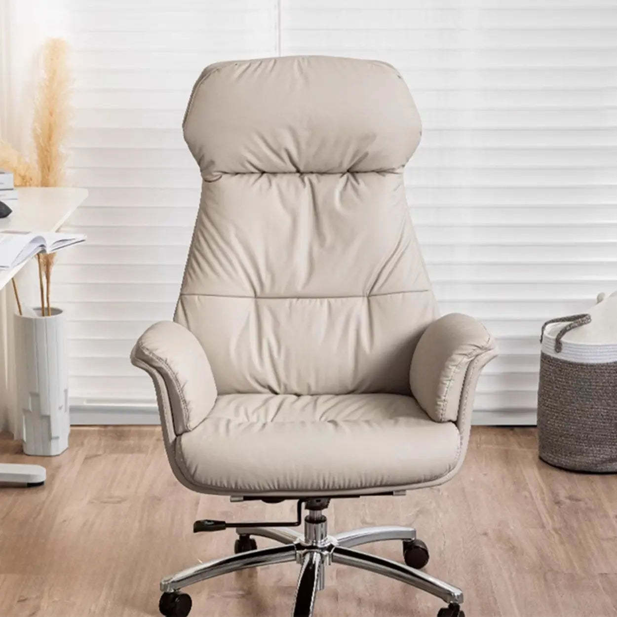 Off-White High-Back Leather Swivel Office Chair