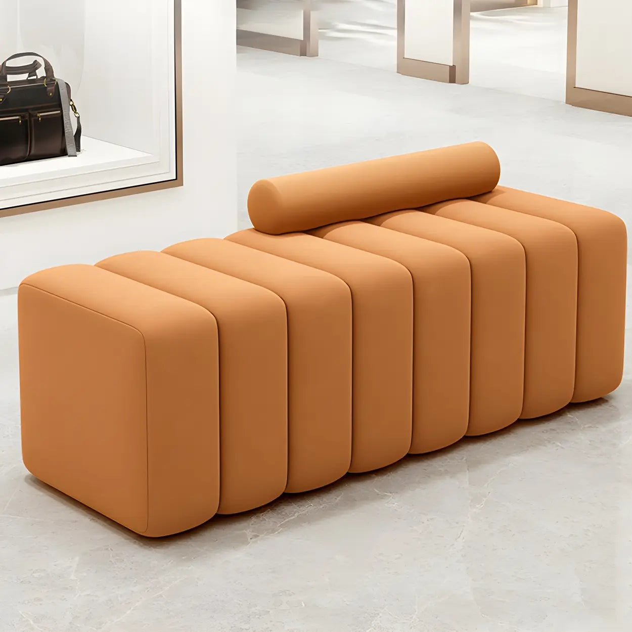 Off-White Pine Wood Upholstered Bedroom Bench — Orange