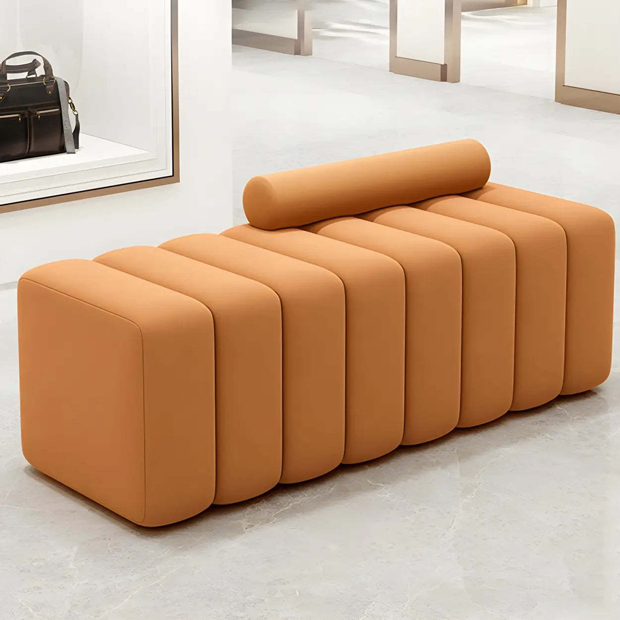 Off-White Pine Wood Upholstered Bedroom Bench — Orange