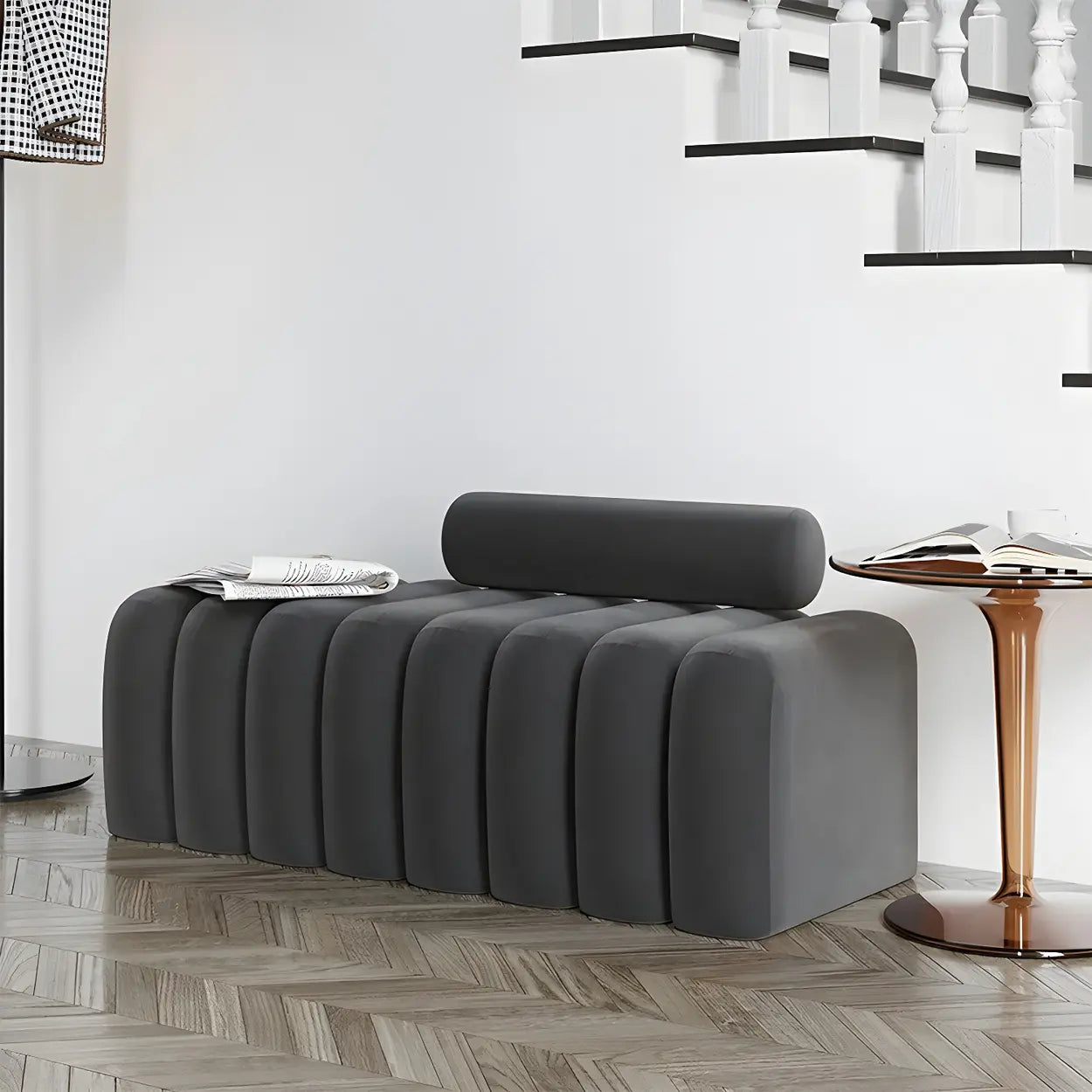 Off-White Pine Wood Upholstered Bedroom Bench — Off-White