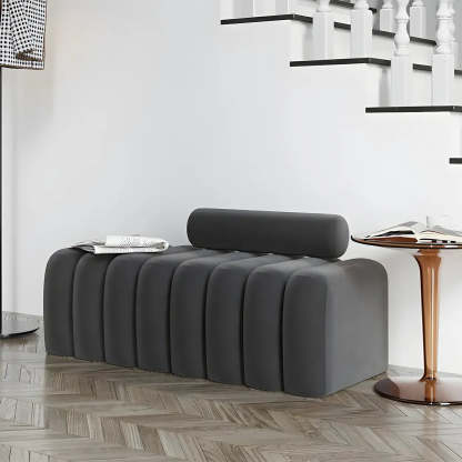 Off-White Pine Wood Upholstered Bedroom Bench — Off-White
