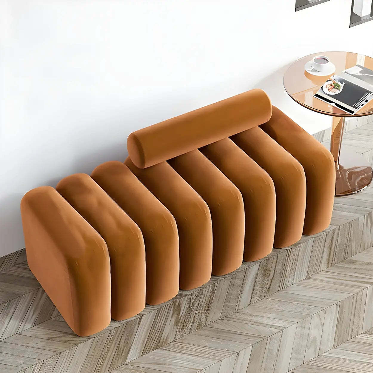 Off-White Pine Wood Upholstered Bedroom Bench — Orange